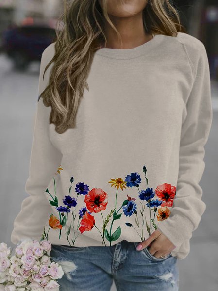 

Colorful Flowers Woemen's Cotton-Blend Long Sleeve Shift Sweatshirts, As picture, Hoodies&Sweatshirts