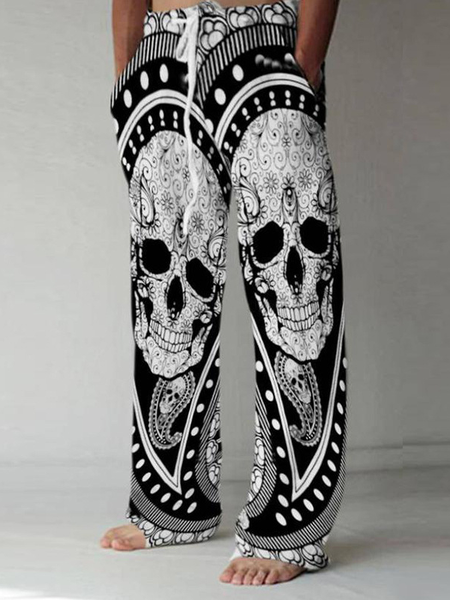 

Casual Printed Drawstring Pants, White-black, Men's pants