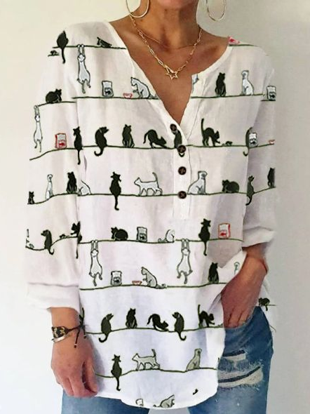 

Cute Cat Casual Long Sleeve Shirts & Tops, White, Long sleeve tops