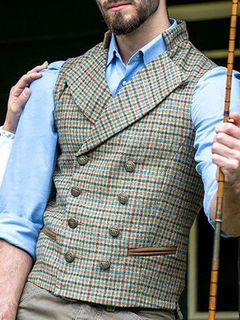 

Casual Lapel Plaid Vest, Khaki, Men's vest