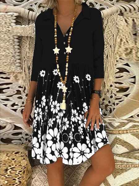 

3/4 Sleeve Boho A-Line Buttoned Dresses, Black, Floral Dresses
