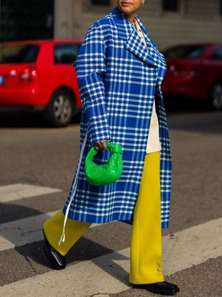 

Checkered/Plaid Shift Long Sleeve Elegant Outerwear, Blue, Coats