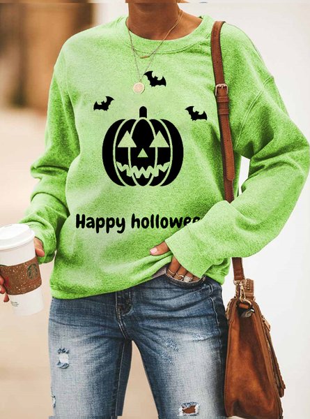 

Happy Holloween Pumpkin Print Crew Neck Women Pullover & Sweatshirt, Green, Hoodies&Sweatshirts