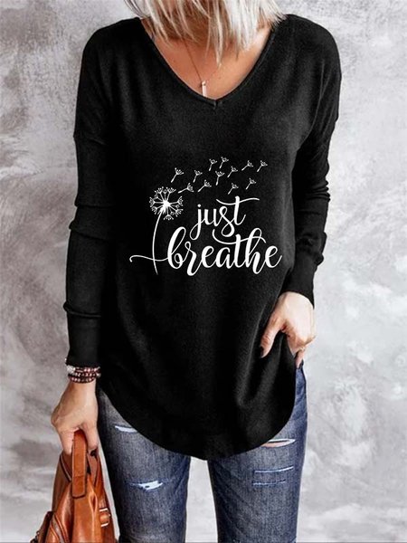 

Long Sleeve V Neck Printed Casual Shirts & Tops, Black, T-Shirts