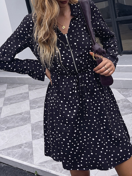 

Long Sleeve Boho Polka Dots Zipper Dresses, Black, Casual Dresses