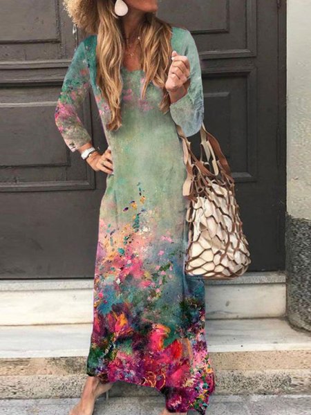 

Scollo a Barchetta Vacanza Maniche Lunghe Floreale Abito, Multicolore, Midi Dresses