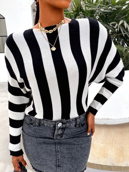 

Fall A-line Crew Neck Simple Long Sleeve Color-block Sweater, Black-white, Pullovers