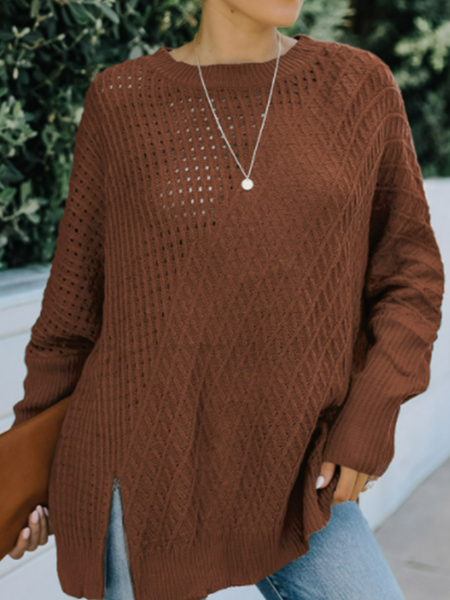 

New round neck long sleeve hollowed out women's loose sweater winter, Coffee, Sweaters