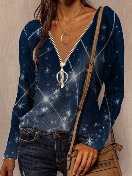 

Casual Star Print Zipper V-neck Top Women, Blue, Long sleeve tops