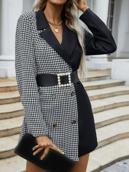 

Fall Long Sleeve Color-Block A-Line Lapel Elegant Lady Dresses, As picture, Mini Dresses