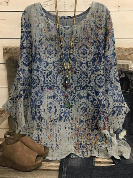 Printed 3/4 Sleeve Crew Neck Casual Tops, As picture, Blouses & Shirts