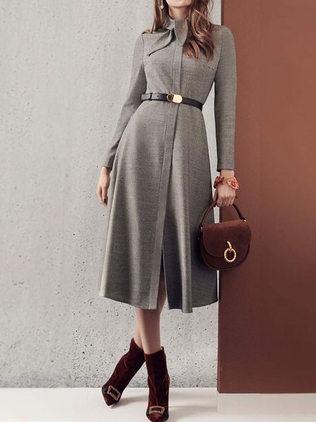 

Long Sleeve Plain Work Midi Dress, As picture, Midi Dresses