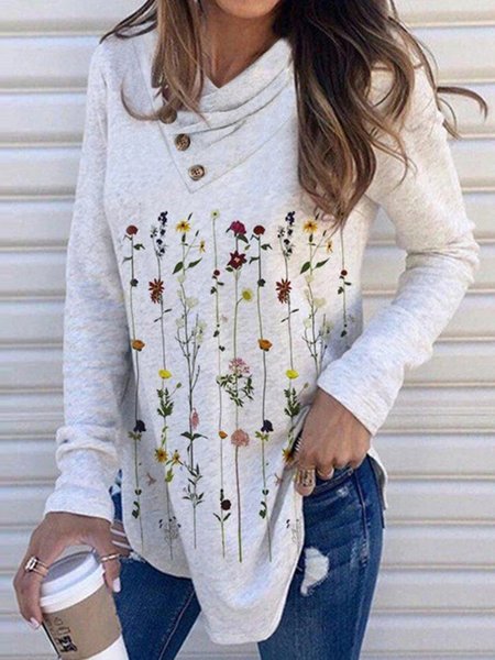 

Grigio Stampata Floreale Collo ad anello Maniche Lunghe Casuale Dritto Top, Blouses & Shirts