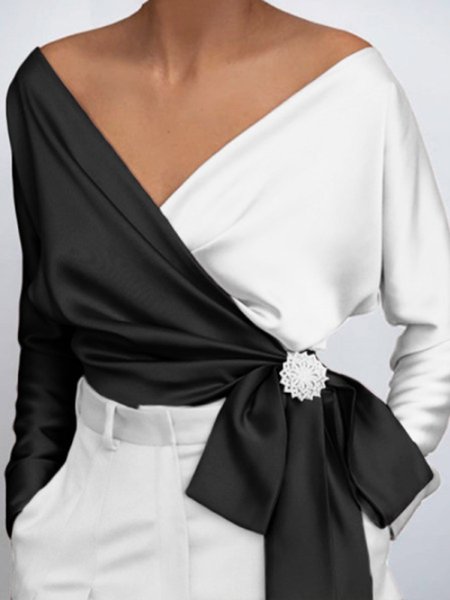 

Solid Elegant Color-Block Long Sleeve Satin Top, As picture, Blouses and Shirts