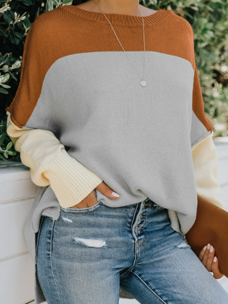

Autumn and winter new contrast loose sweater for women, Brown, Sweaters