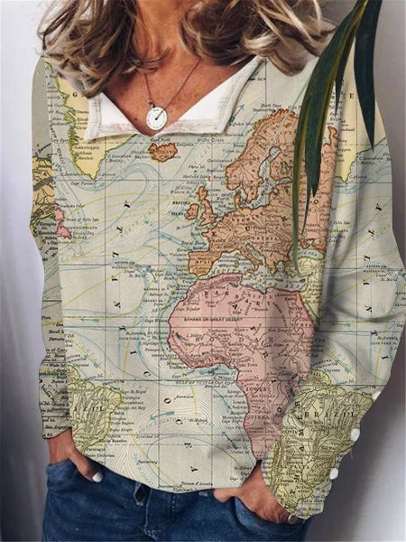 

Map Printing Long Sleeve Casual Sweatshirt, As picture, Hoodies&Sweatshirts
