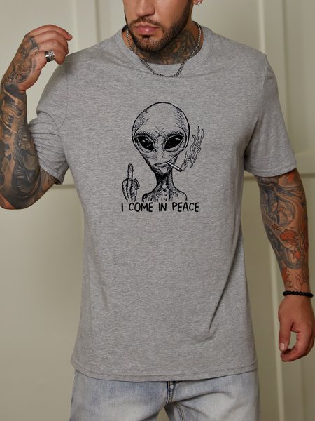 

I come in peace. Alien print round neck short-sleeved cotton T-shirt, Gray, T-shirts