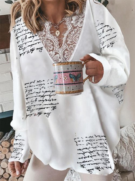 

V neck Letter Printed Long Sleeve Casual Shirts & Tops, White, T-Shirts