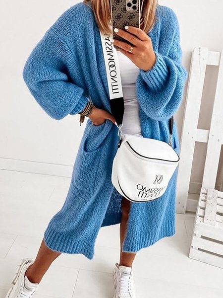 

Blue Loose Solid Casual Long Sleeve Acrylic Sweater Outerwear, Coats