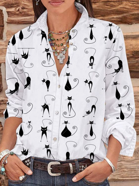 

Cute Cat Cotton-Blend Long Sleeve Shift Shirts & Tops, White, Shirts & Blouses