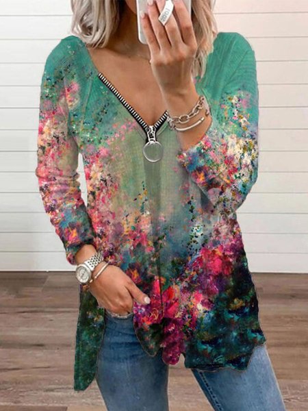 

Long Sleeve Floral V Neck Shirts & Tops, Multicolor, T-Shirts