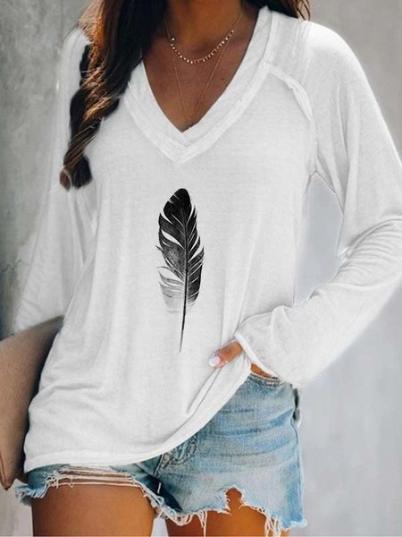 

Printed Long Sleeve Casual V Neck T-shirt, White, T-Shirts
