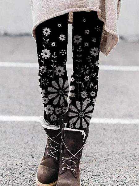 

Casual Floral-Print Pants, Black, Leggings