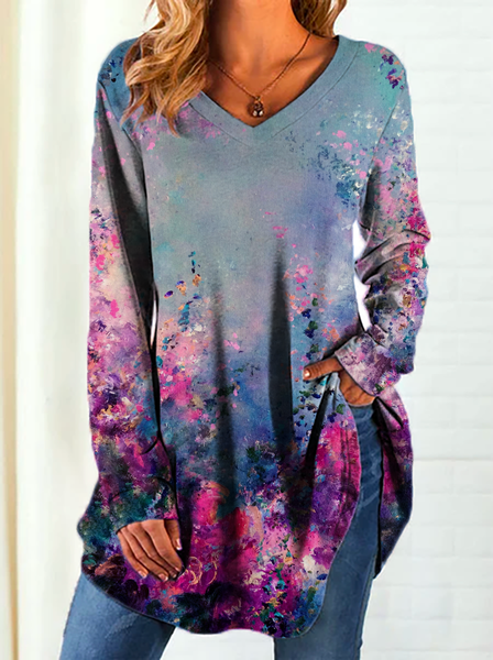 

Plus size V Neck Floral Long Sleeve T-shirt, Blue, T-Shirts