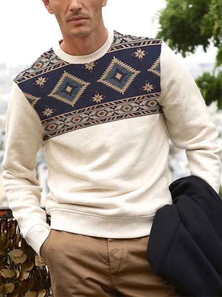 

Boho Geometric Ethnic Print Printed Cotton-Blend Sweatshirt & Pullover, White, Hoodies&Sweatshirts