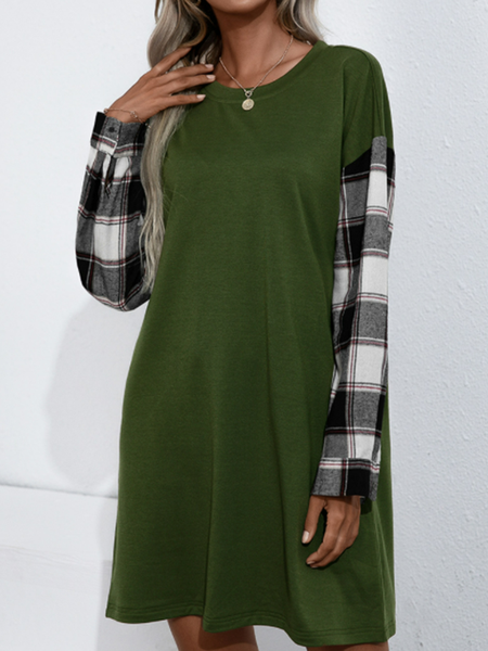 

Plaid stitching casual Crew Neck Long Sleeve T dress women, Army green, Midi Dresses