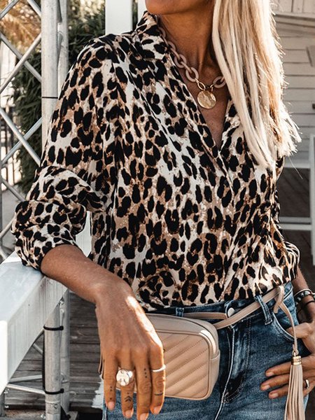 Di base Stampato Floreale Maniche Lunghe Leopardo Top, Blouses & Shirts