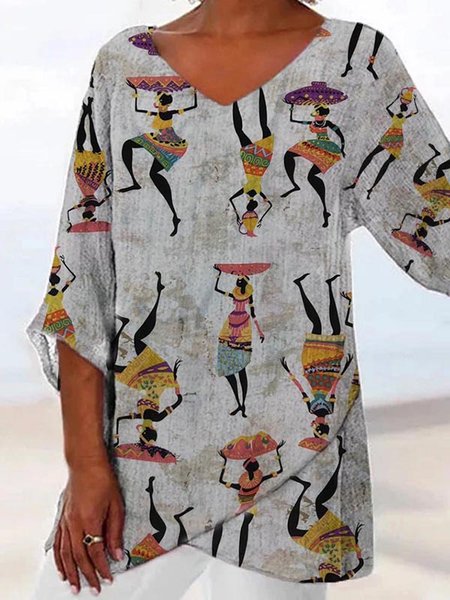 

Printed V Neck 3/4 Sleeve Shirts & Tops, As picture, Blouses & Shirts