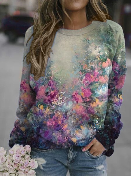 

Casual and simple floral gradient color printing round neck long-sleeved polyester-cotton sweatshirt, As picture, Hoodies&Sweatshirts