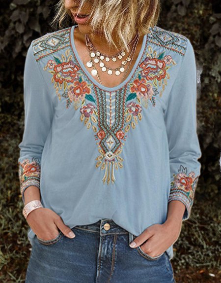 

Long Sleeve V Neck Boho Floral Shirts & Tops, Blue, T-Shirts