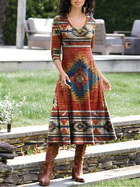 

Long Sleeve Vintage V Neck A-Line Dresses, As picture, Dresses