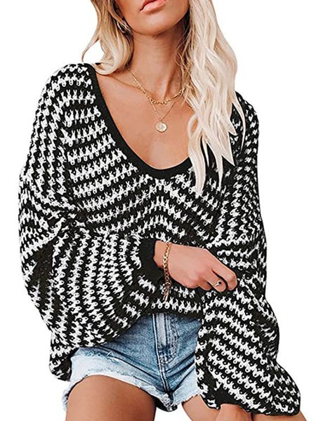 

V Neck Casual Sweater, Black, Knitwear & Sweaters