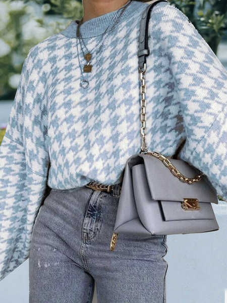 

New geometric Chiffon knitted casual retro Pullover Sweater, Lightblue, Sweaters