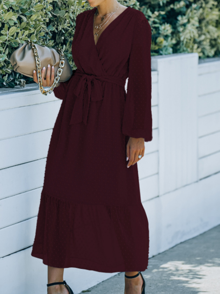 

New popular V-Neck long sleeve dress, Wine red, Casual Dresses