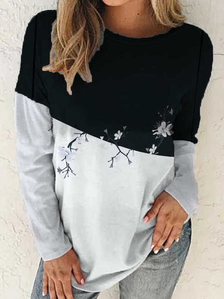 

Crew Neck Casual Shift Cotton-Blend Shirts & Tops, White, Long sleeve tops