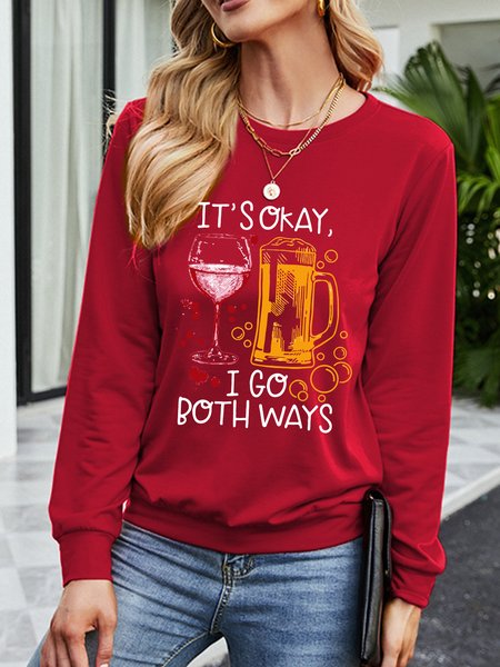 

It's Okay I Go Both Way Women‘s Crew Neck Long Sleeve Cotton-Blend Shift Sweatshirt, Red, Hoodies&Sweatshirts