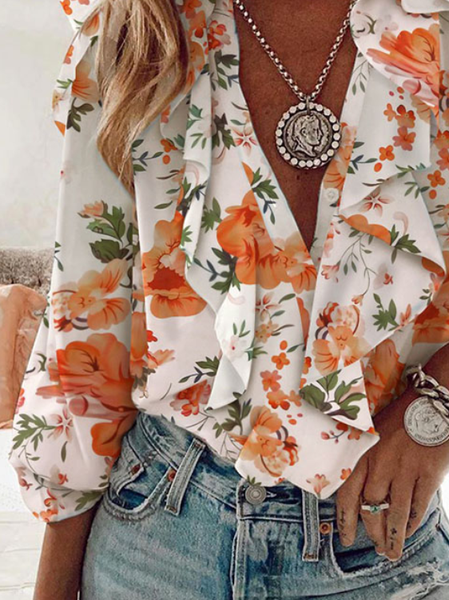 

Floral Cowl Neck Boho Long Sleeve Shirts & Tops, Orange, Shirts & Blouses