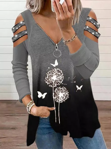 

Plus size Long Sleeve V Neck Printed T-shirt, Black, T-Shirts