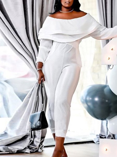 

Off Shoulder Long Sleeve Vintage Shift One-Pieces, White, Jumpsuits