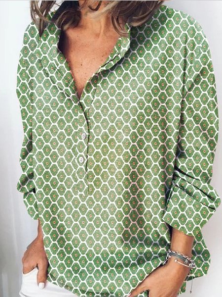 

Long Sleeve Geometric Stand Collar Basic Tops, Green, Blouses & Shirts