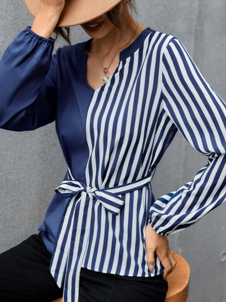 

New V-neck style stitched stripe Long Sleeve Shirt, Blue, Long sleeve tops