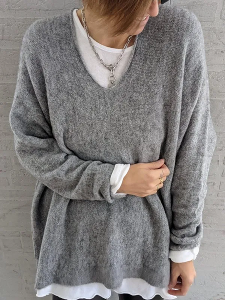 

V Neck Long Sleeve Casual Acrylic Sweater, Gray, Sweaters