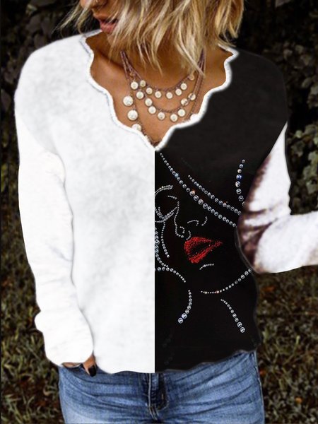 

Scollo a V Misto Cotone Casuale Maniche Lunghe Top, Bianco, Blouses & Shirts