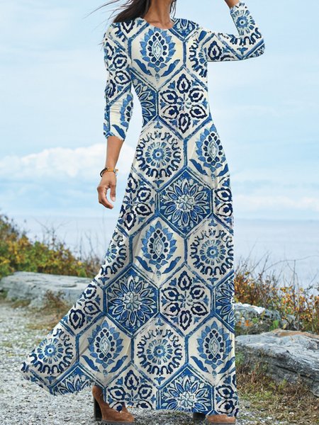 

Shift Crew Neck Long Sleeve Dresses, As picture, Maxi Dresses