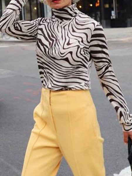 

Leopard Casual Long Sleeve Turtleneck Top, As picture, Blouses and Shirts