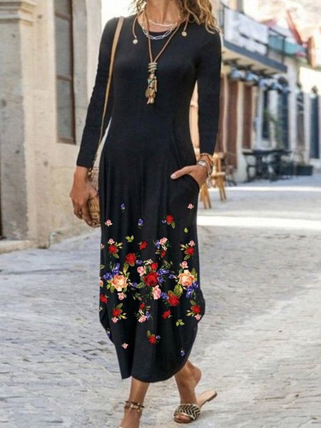 

Black Floral Printed Pockets Round Neck Long Sleeve Date Casual Dresses, Maxi Dresses